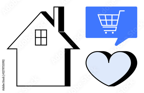 House silhouette, blue speech bubble with shopping cart, and white heart icon. Ideal for home shopping, e-commerce, online retail, love for home, digital marketplaces, customer loyalty, and online