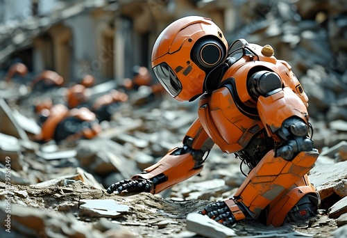 Advanced robots in orange attire work diligently among the debris of a collapsed city. Their design reflects a focus on search and rescue, showcasing technology in crisis response.