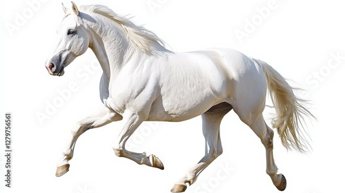 Elegant White Horse Trotting in Graceful Motion on White Background
