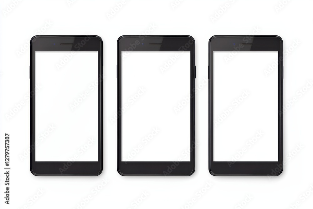 Black smartphone mockup collection for design presentation on white background showcasing three empty screens ready for digital display Black smartphone mockup collection for design presentation on white background showcasing three empty screens ready for digital display