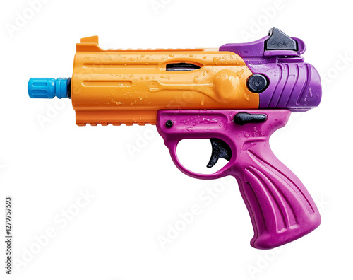 Colorful water gun ready for summer fun at the pool during a sunny afternoon