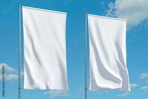 Blank white flags on poles against a clear blue sky featuring soft clouds in daylight