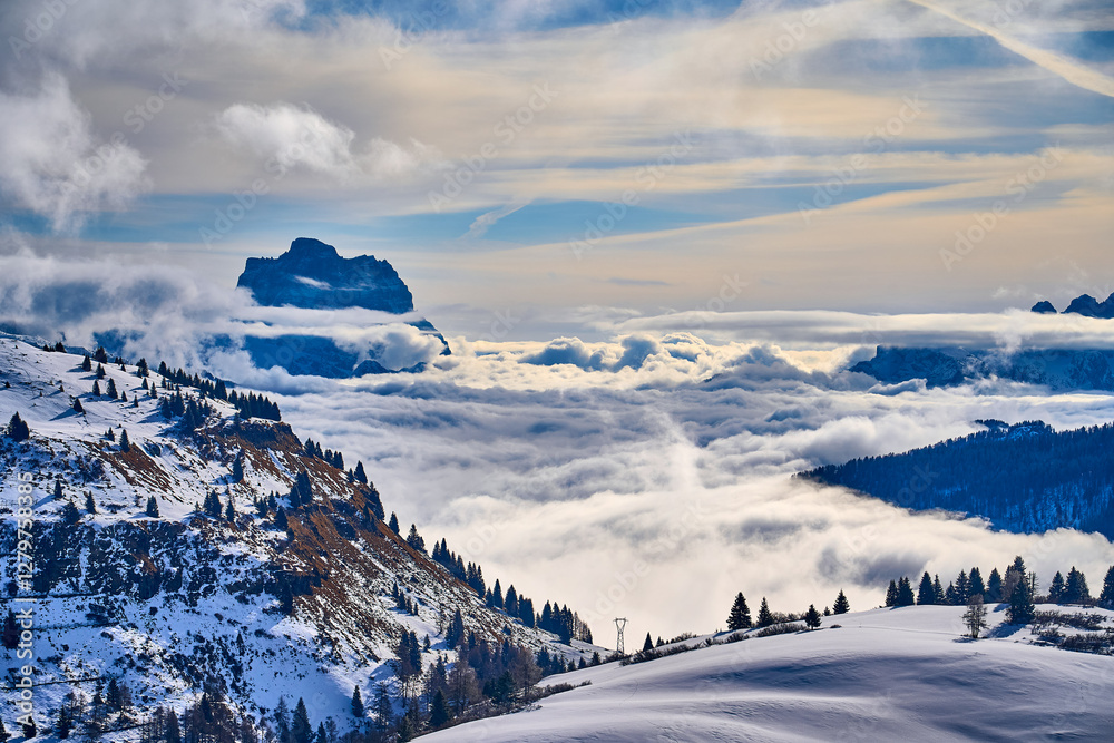Beautiful panoramic view to the Sellaronda - the ski circuit around the Sella group in Dolomites, Italy - Badia, Gherdeina, Fascia. Extraordinary snowy peaks of the dolomites, southern Alps.