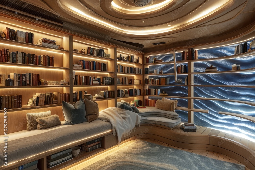 Obraz premium A refined yacht library features built-in bookshelves, cozy nooks, warm lighting, and a wave backdrop for serene reading.
