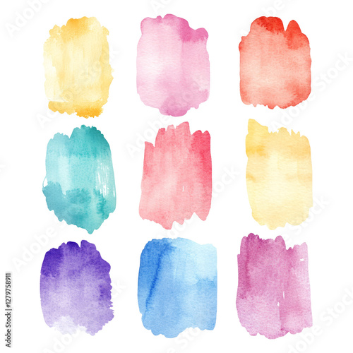 Colorful watercolor paint swatches arranged in a grid on transparent