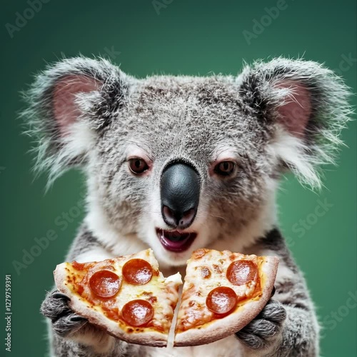 A cute koala eagerly eating pizza on a green background – perfect for a pizzeria or pizza delivery advertisement