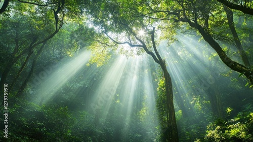 Dense woodland with rays of sunlight breaking through thick tree canopies, spacious for text.