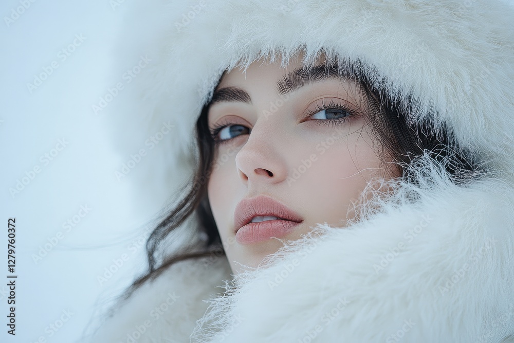 Elegant model in flowing white dress and knitted sweater poses gracefully in a softly lit winter setting with snowflakes drifting around Elegant model in flowing white dress and knitted sweater poses gracefully in a softly lit winter setting with snowflakes drifting around