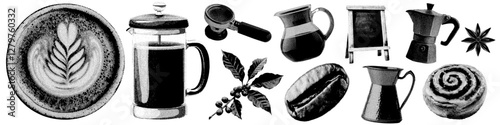 Set of coffee shop halftone grunge vector design elements
