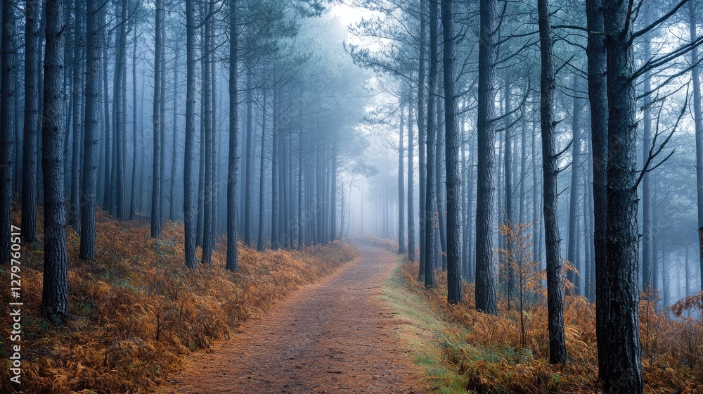 Foggy forest path winding through tall pine trees, soft light and spacious composition. Foggy forest path winding through tall pine trees, soft light and spacious composition.