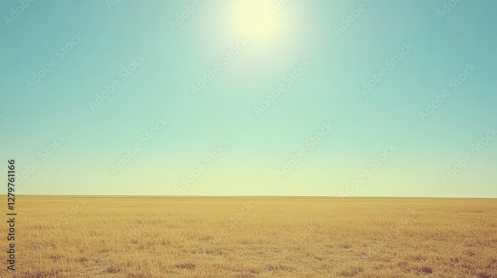 Obraz premium Golden wheat fields stretching into the horizon, warm sunlight and a clear blue sky, ample copy space.