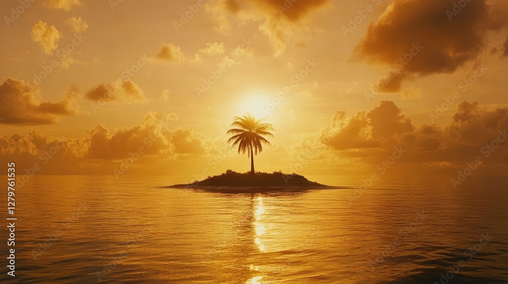 Lonely island with a single palm tree, surrounded by a vast expanse of ocean under a golden sky. Lonely island with a single palm tree, surrounded by a vast expanse of ocean under a golden sky.