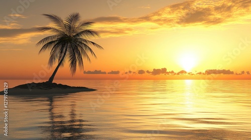 Lonely island with a single palm tree, surrounded by a vast expanse of ocean under a golden sky.