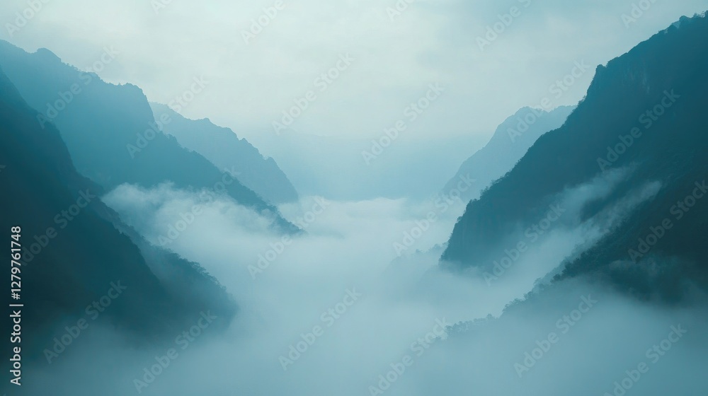 Misty mountain valley with rolling clouds drifting between peaks, serene atmosphere with copy space.