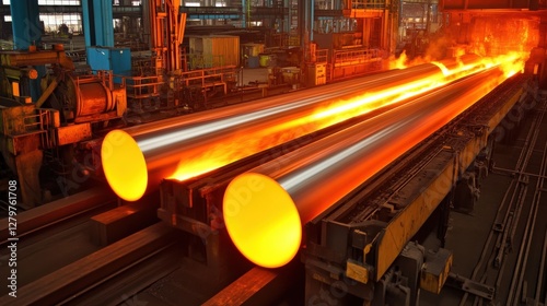 Glowing hot steel pipes rolling through a modern steel mill factory.  Industrial manufacturing process.