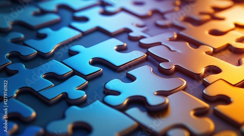 Close-up view of colorful, interlocking puzzle pieces reflecting light in a dynamic composition