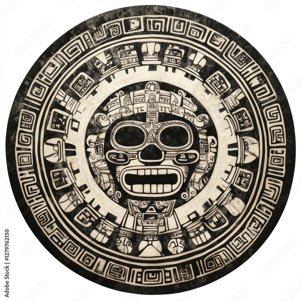 Obraz premium Ancient Mayan Circular Stone Carving Depicting Deity