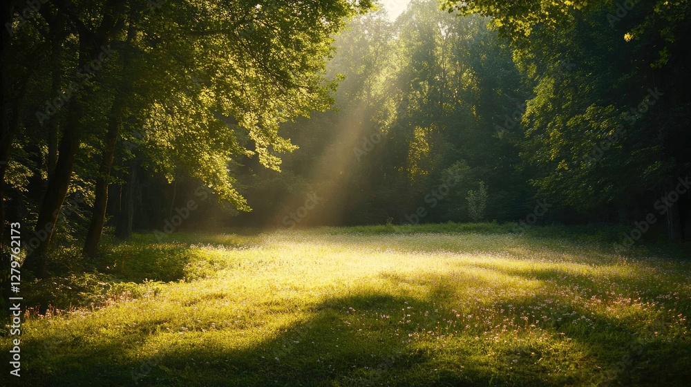 Peaceful forest glade bathed in golden sunlight, open field with room for text overlay. Peaceful forest glade bathed in golden sunlight, open field with room for text overlay.