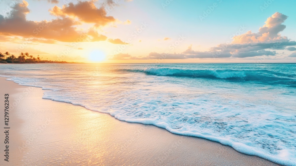 Remote tropical island at sunrise, peaceful waves gently reaching the shore. Remote tropical island at sunrise, peaceful waves gently reaching the shore.