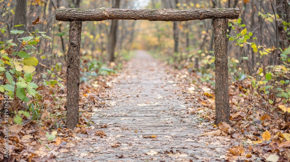Autumn forest path, wooden archway, fall leaves Autumn forest path, wooden archway, fall leaves
