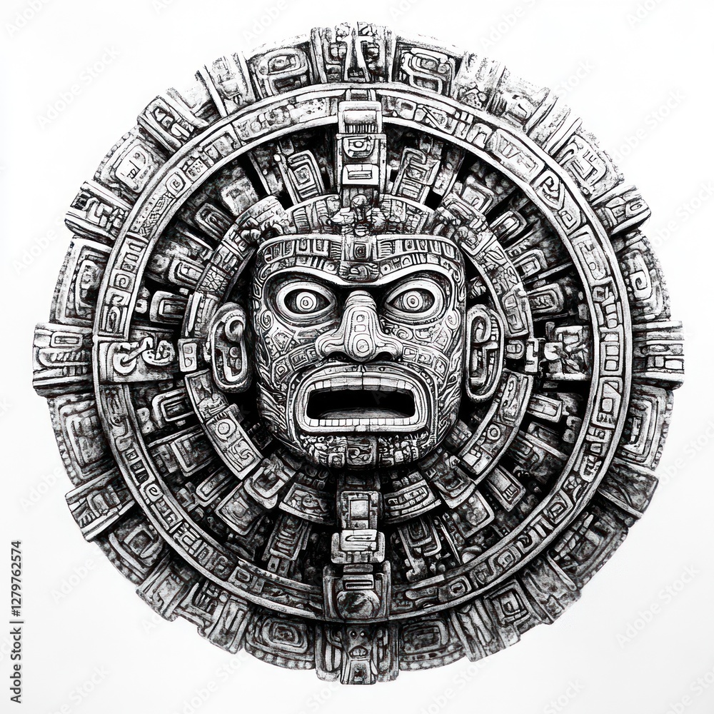 Obraz premium Ancient Mayan Stone Carving Circular Mask Design