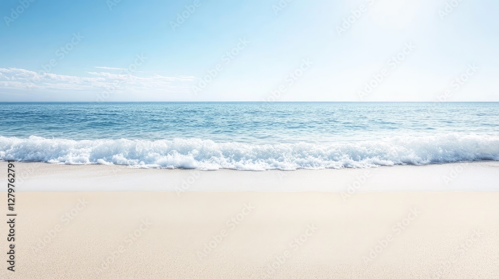 Serene beach with gentle waves washing onto white sand, clear sky with space for text overlay. Serene beach with gentle waves washing onto white sand, clear sky with space for text overlay.