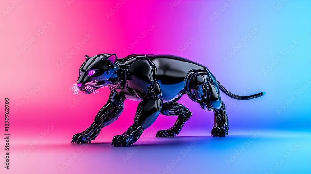 Fototapeta premium Sleek, black robotic panther in a vibrant pink and blue setting. Futuristic and stylish.