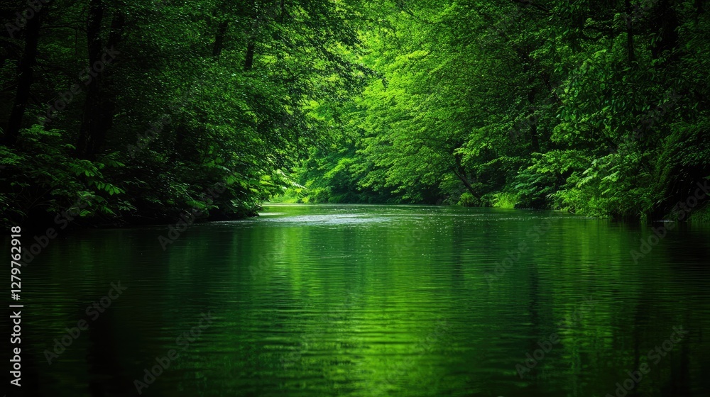 Serene river flowing through a lush green forest, reflections on water, open space for text. Serene river flowing through a lush green forest, reflections on water, open space for text.