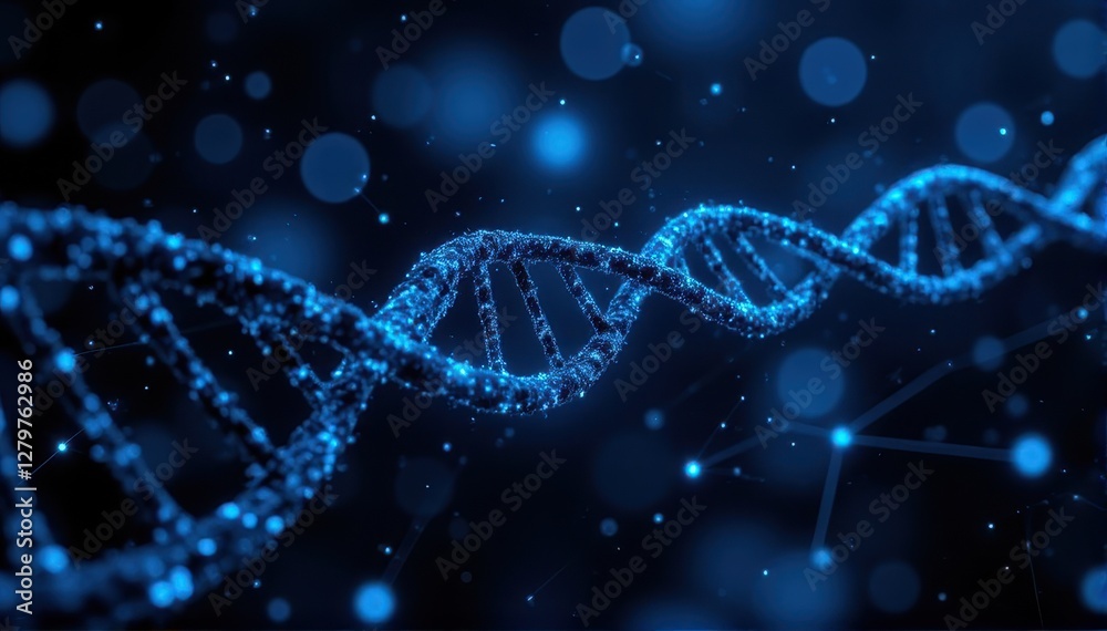 Intricate Blue DNA Helix Against a Dark Background with Glowing Effects Intricate Blue DNA Helix Against a Dark Background with Glowing Effects