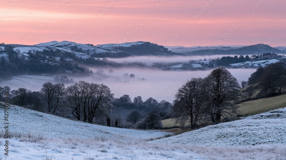 Snow-covered hills bathed in the soft glow of sunrise, mist hovering above the frosty landscape. Snow-covered hills bathed in the soft glow of sunrise, mist hovering above the frosty landscape.
