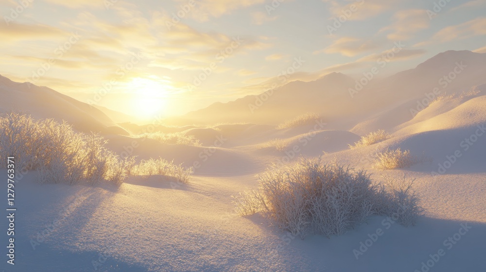 Snow-covered hills bathed in the soft glow of sunrise, mist hovering above the frosty landscape. Snow-covered hills bathed in the soft glow of sunrise, mist hovering above the frosty landscape.