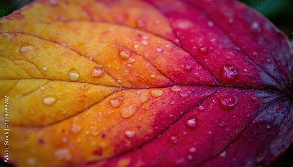 Fototapeta premium Vibrant Close-Up of Colorful Leaf with Water Droplets on Surface