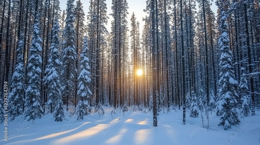 Sunrise breaking through a dense forest of snow-covered pines, creating a magical winter glow. Sunrise breaking through a dense forest of snow-covered pines, creating a magical winter glow.