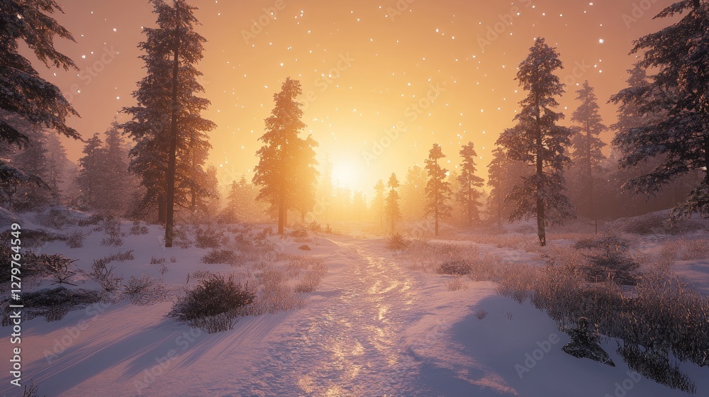 Sunrise illuminating a frost-covered forest, snowflakes floating gently in the golden light. Sunrise illuminating a frost-covered forest, snowflakes floating gently in the golden light.