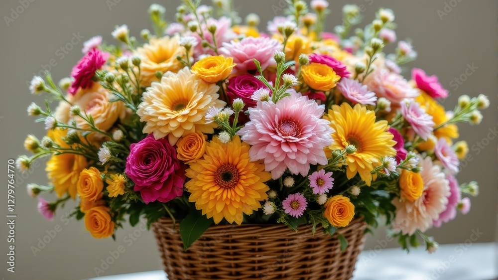 Vibrant Floral Arrangement in a Woven Basket on a Neutral Background Vibrant Floral Arrangement in a Woven Basket on a Neutral Background