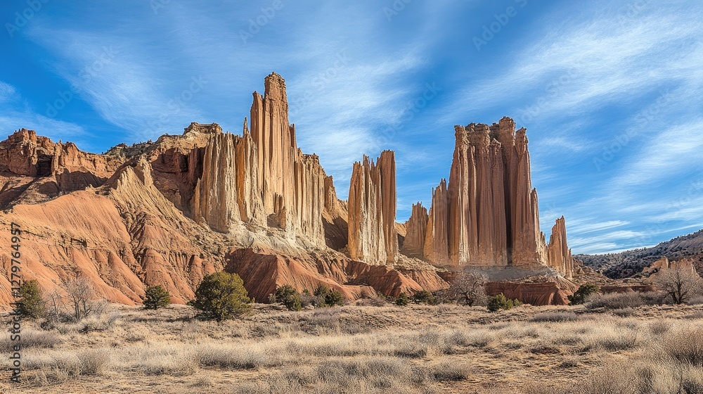 Fototapeta premium Towering cliffs and jagged rocks along a mountain ridge, dramatic light and open sky.