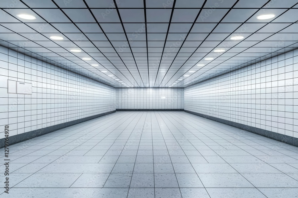 Obraz premium An empty subway station featuring pristine tiled walls and floors.