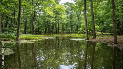 Tranquil forest pond reflecting surrounding trees, soft ripples, and an open sky for text.