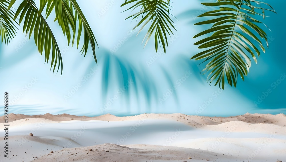 Fototapeta premium Summer concept. Palm tree shadow on a blue background. 