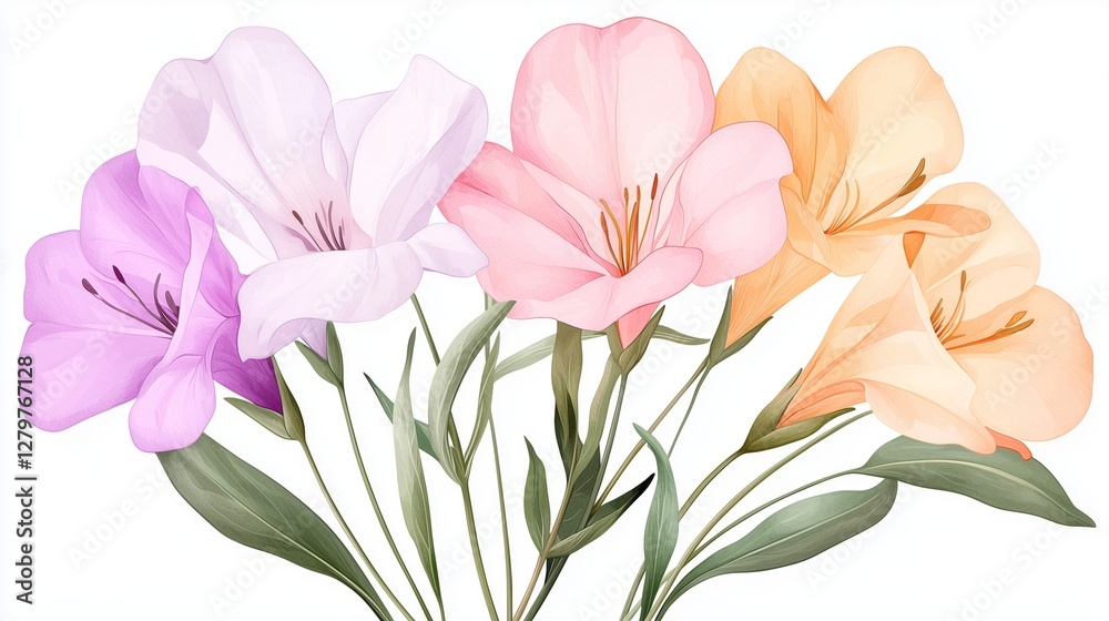 Fototapeta premium Vibrant watercolor flowers with multicolored petals and green leaves