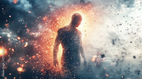 Transcendent Being: A figure emerges from swirling particles, emanating light amidst a celestial backdrop, symbolizing transformation and the power within.
