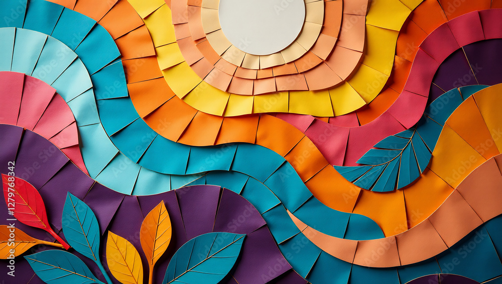 Obraz premium Recycled Paper Mosaic Wall Hanging – A colorful wall art piece composed of recycled paper pieces forming a vibrant mosaic.