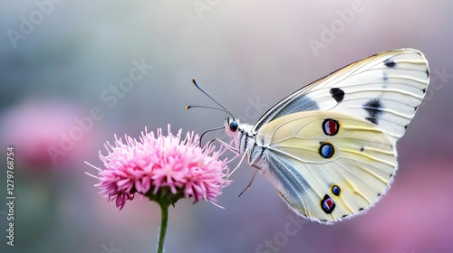Butterfly feeding on pink flower in garden