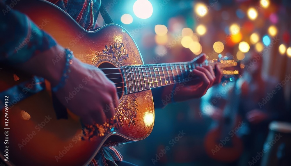 Fototapeta premium Folk music performance with glowing AR instruments, vibrant cultural setting, soft warm lighting, photorealistic