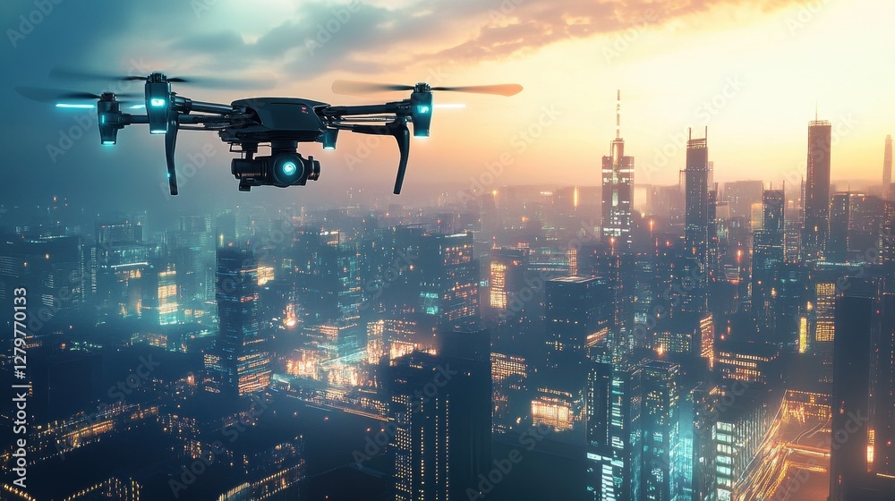 Drone's Eye View: A high-tech drone soars gracefully above a futuristic city, its camera capturing panoramic views of the urban landscape during a vibrant sunset. Drone's Eye View: A high-tech drone soars gracefully above a futuristic city, its camera capturing panoramic views of the urban landscape during a vibrant sunset.
