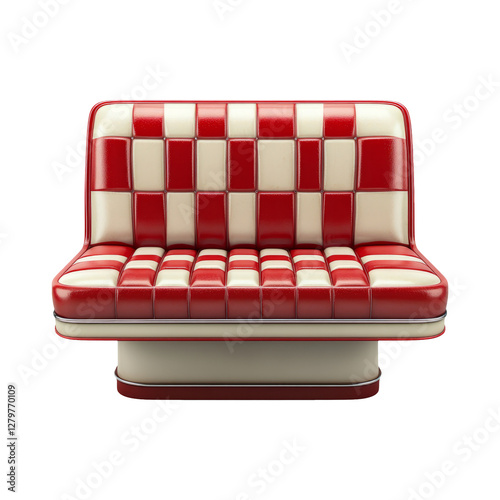Vintage red and white checkered diner-style sofa on transparent background