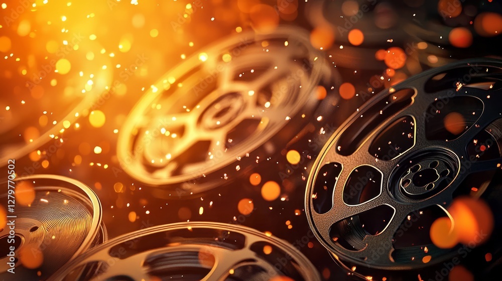 Fototapeta premium Vintage film reels set against a beautiful bokeh backdrop.