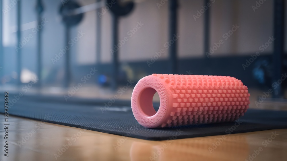 Textured pink foam roller on black mat and wooden floor Textured pink foam roller on black mat and wooden floor