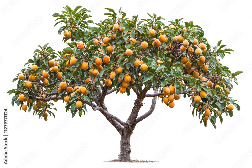 Fototapeta premium Lush orange tree laden with ripe fruit amidst vibrant green foliage