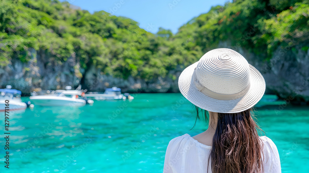 Fototapeta premium Young woman in a straw hat looking at the turquoise sea and tropical cliffs during a boat tour.